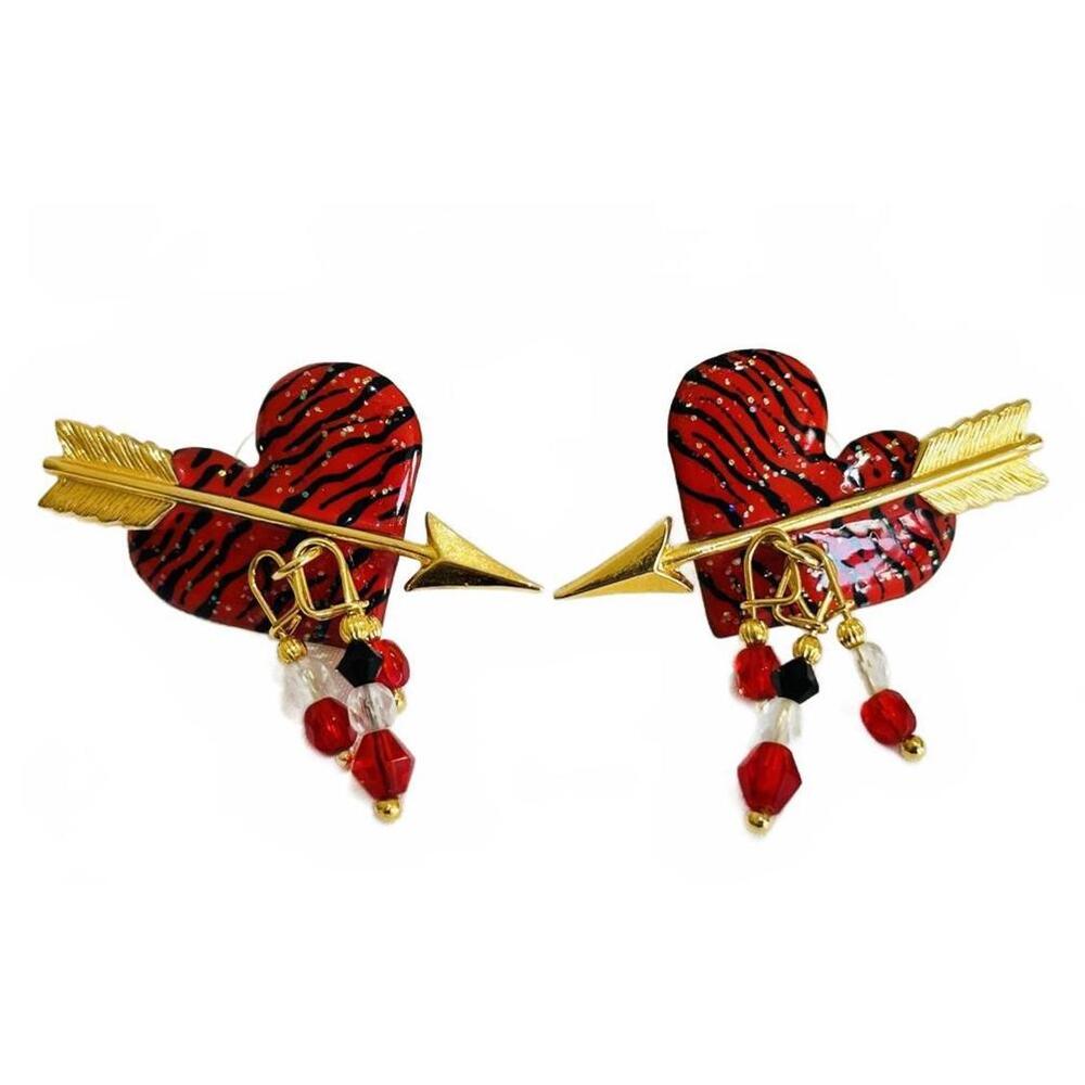 Vintage 'Lunch At The Ritz` Red Heart/Arrow Earrings w Beaded Dangle, Signed
